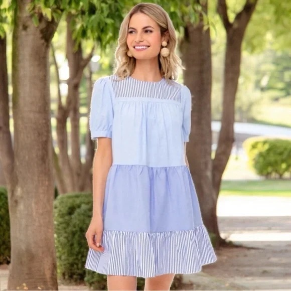 Pomander Place Tuckernuck Quinn Cotton Poplin Blue Swing Tiered Mini Dress XS - Picture 1 of 15